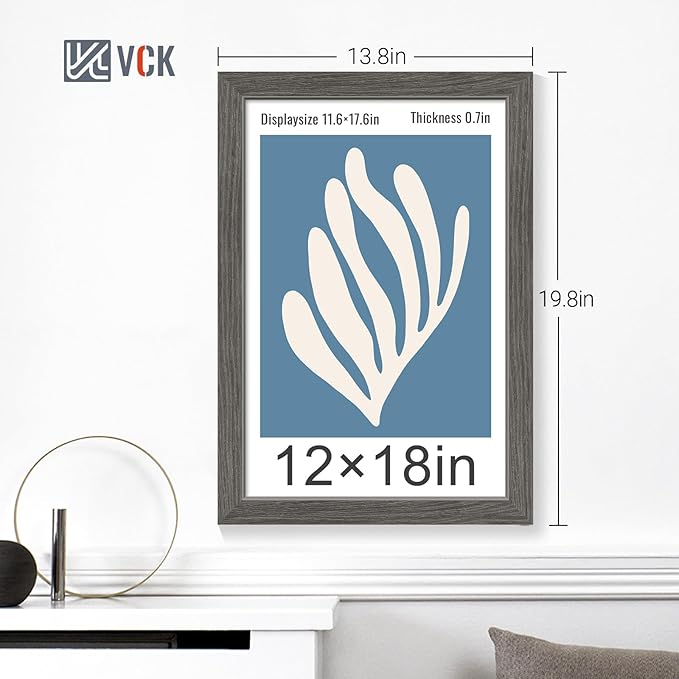 VCK 12x18 Poster Frame Set of 4 - Grey, Gallery-Quality Wood Picture Frames, 1.1-Inch Wide Border, Polished Plexiglass, Vertical or Horizontal Wall Display for Photo/Art/Prints, Grey