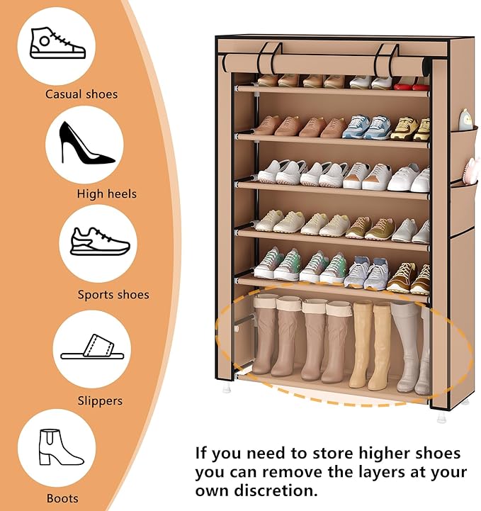 Laiensia 7-Tier Vertical Shoe Rack Organizer, Space Saving Shoe Storage Organizer, Non-Woven Cover Shoe Shelf Holds 28-35 Pairs for Bedroom, Hallway, Closet Entryway, Brown