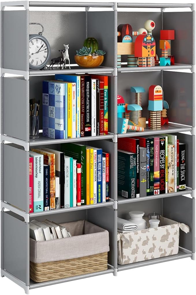 JIUYOTREE 5-Tiers Closet Storage Organizer with Fabric Cloth at Back，Double Row Modular Cubes Bookshelf,Living Room,Study Room,Bedroom,Grey