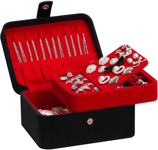 Homde Jewelry Box Small for Women: Ring Earring Organizer Storage for Dresser - Necklace Bracelets Holder with Multi Compartments(Black + Red)