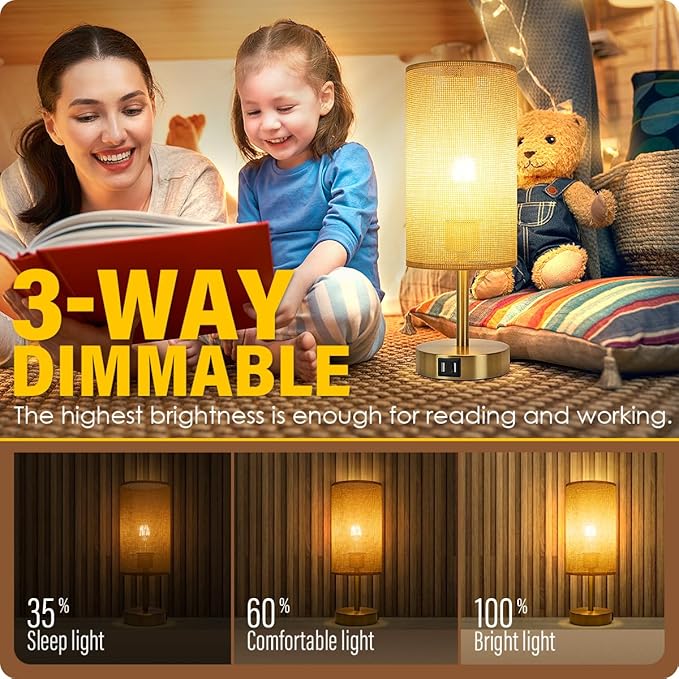 Yarra-Decor Bedside Lamp with USB Port - Touch Control Table Lamp for Bedroom Wood 3 Way Dimmable Nightstand Lamp with Round Flaxen Fabric Shade for Home Office (LED Bulb Included) (Y - NET)