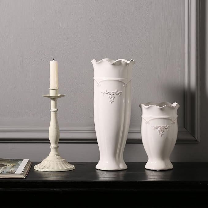 hjn White Vase for Flowers, Ceramic vase for Home Decor French Rustic Vase for Kitchen/Table/Living Room/Shelf/Mantel/Office-Height-6.8"