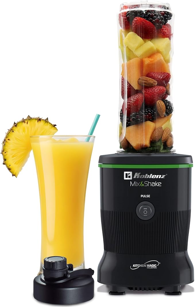 Koblenz Mix&Shake Blender, 20 oz Portable Blender, 600W Motor, Pulse, ON/OFF Functions, Stainless Steel Blades, Shakes, Sauces, Smoothie Maker, (1) 20 oz To-Go Bottle, Black, MSKM-600 N