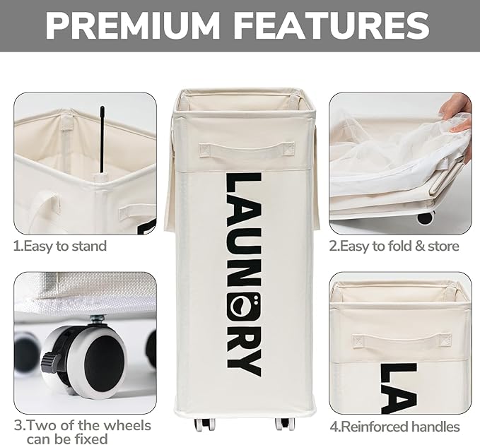 Goodpick Laundry Hamper with Wheels, 75L College Dorm Room Essentials, Clothes Hamper with Removable Wash Bag for Bedroom, Large Laundry Basket with Handle, White