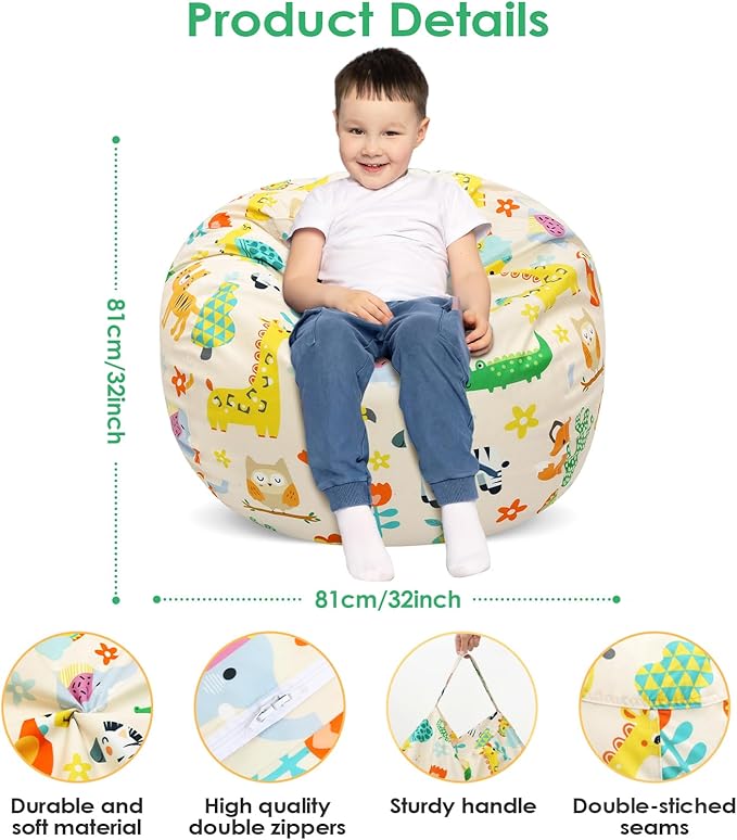 Bean Bag Chair for Kids Stuffed Animal Storage Beanbag Chairs,Toddler Toy Storage Organizer for Girls and Boys,32'' Cover Only（No Filling