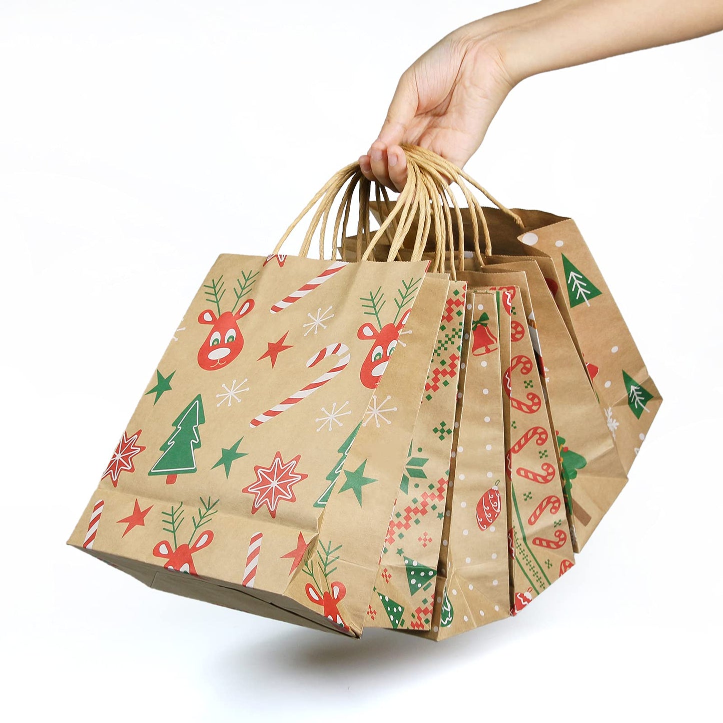 Ogrmar 24 PCS Christmas Gift Bags Kraft Holiday Wrapping Paper Bags with Christmas Prints for Holiday Party Favors Xmas Gift Box Packaging