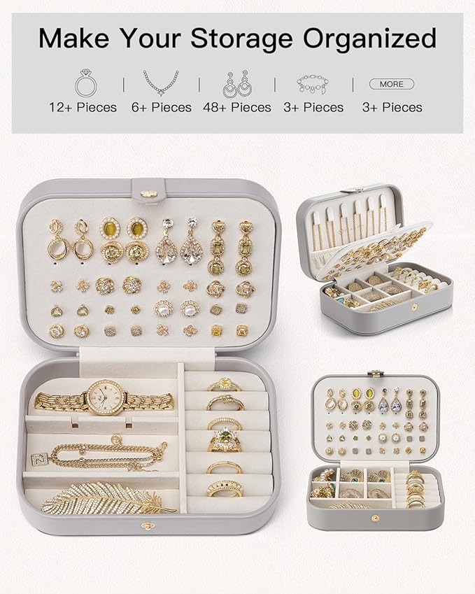 Vlando Travel Jewelry Case, PU Leather Travel Jewelry Box with Earring Holder, Portable Display Small Jewelry Box for Mothers Day Women Girls Gift - Grey