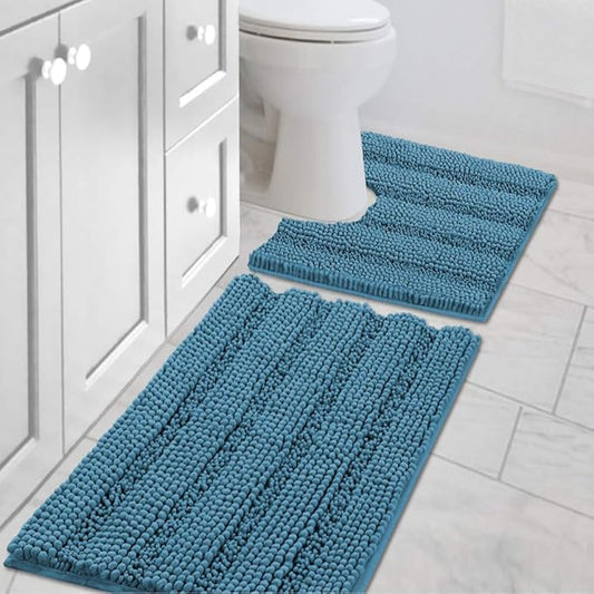 H.VERSAILTEX Bathroom Rugs Bath Rug Set 2 Piece Bathroom Contour Rug Toilet Mat Sets Non Slip Contour Bath Rug Ultra Thick Water Absorbent Striped Bath Mats(20" x 32" Plus 20" x 20" U, Turquoise Blue)