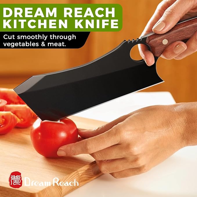 Dream Reach Meat Cleaver, 6.9 inch Black Boning Knife, High Carbon Steel Sharp Kitchen Forged In Fire Knife with Sheath Gift Box Bottle Opener for Outdoor Camping