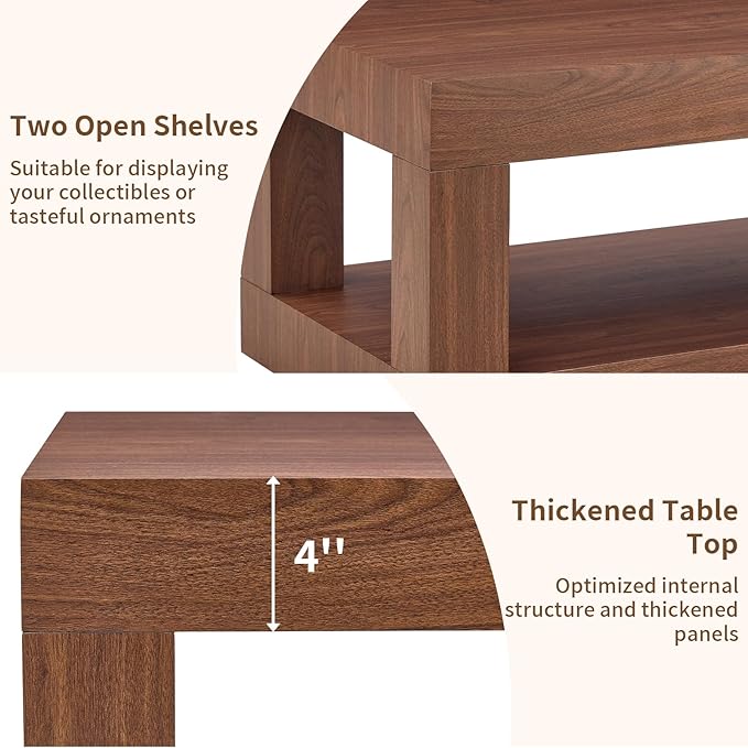 39.37" Coffee Table with Storage, 2-Tier Mid Century Rectangular Accent Table with Thick Tabletop, Rustic Style Cocktail, Center Table for Living Room, Office, Apartment (Walnut)