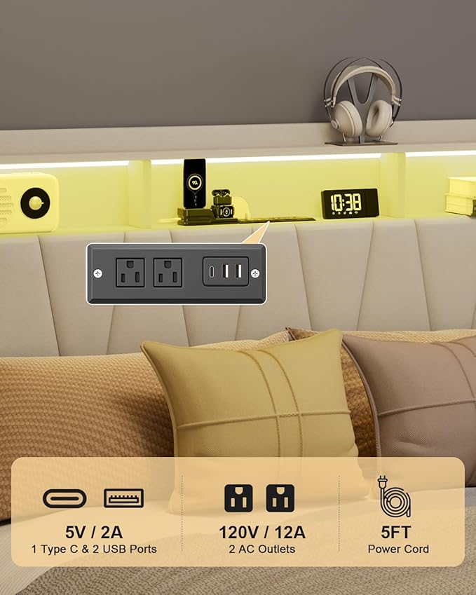 King Size Bed Frame, Velvet Upholstered LED Platform Bed with Headboard Storage, King Bed Frame Built-in Charging Station with 2 Drawers, Wood Slat Support, No Box Spring Needed, Beige