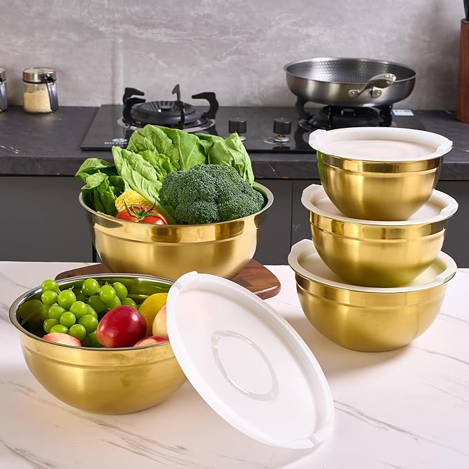 5 Piece Gold Mixing Bowls with Lids for Kitchen, Stainless Steel Mixing Bowls Set Ideal for Baking, Prepping, Cooking and Serving Food, Nesting Metal Mixing Bowls for Space Saving Storage, 1