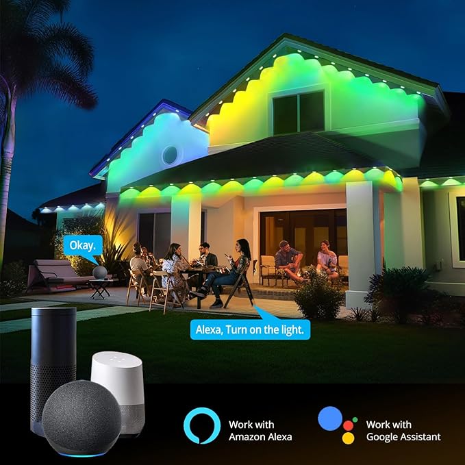 wowlite Permanent Outdoor Christmas Lights 100FT, RGB+IC Smart Eave Lights with 72 LEDs, IP67 Waterproof, 110+ Scene Modes for House, Daily & Holiday Decorations, Works with Alexa & Google