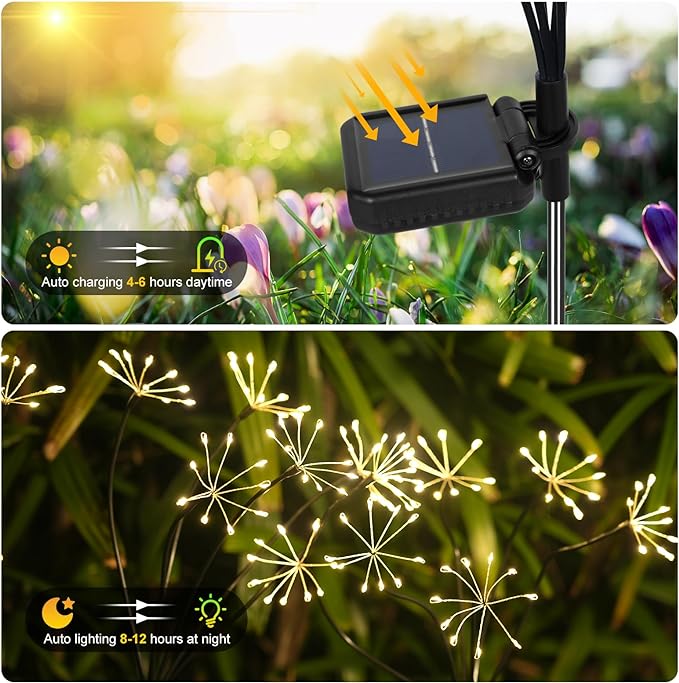 Kwaiffeo Solar Garden Light 4 Pack Outdoor Waterproof Firework Lights with 240 LEDs Twinkling Fairy Solar Lights Outdoor Garden Yard Pathway Decor, Gardening Gifts for Women Mothers Day (Warm White)
