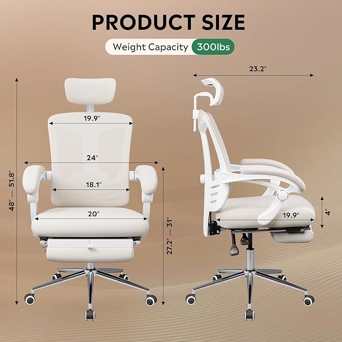 DEVAISE Ergonomic Mesh Office Desk Chair with Footrest, Comfrotable Big and Tall Reclining Computer Chair with Adjustable Lumbar Support, Backrest Adjustable, High Back SGS Class 4 Gas Lift, White