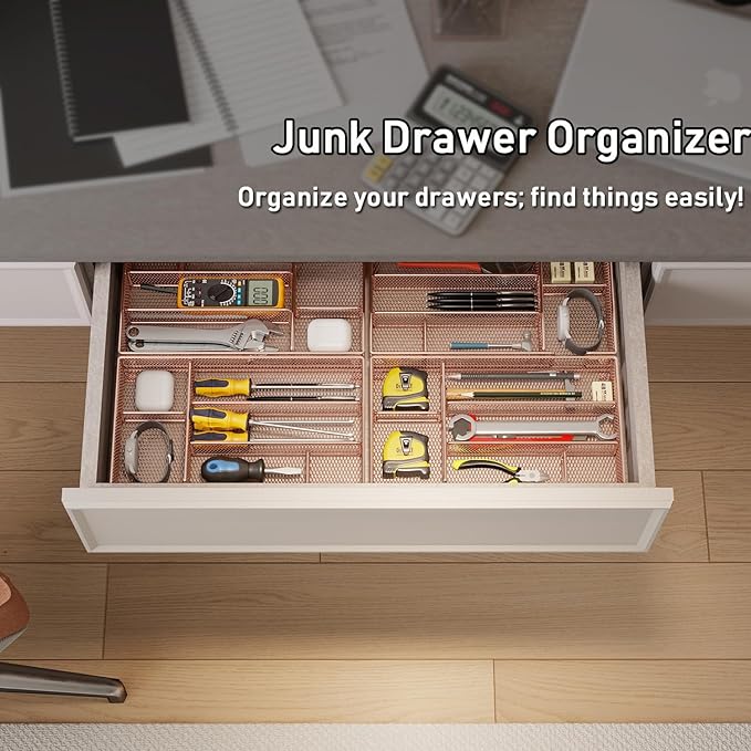 Desk Drawer Organizer Tray, Mesh Desk Organizer, Office Drawer Organizer, Desk Accessories & Workspace Organizers, Suitable for Tools, Pencils, Office Supplies Storage (Rose Gold)