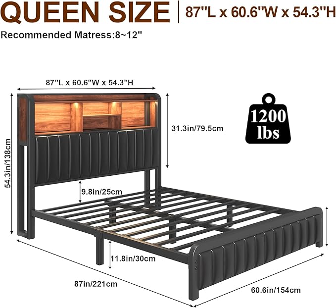 Queen Bed Frame 54.3" Tall with 3-Tier Storage Headboard and Charging Station, Metal Platform Bed Frame with LED Lights and PU Leather, Noise-Free, Metal Support, No Box Spring Needed, Black