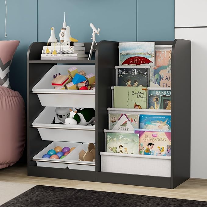 Black Kids Wood Bookshelf Toy Storage Box Organizer Shelf W/4 Removable Plastic Toy Bins Children Bookcase Toddler Baby Sling Book Rack Cabinet Chest Girl Boy Gift Playroom Classroom Bedroom Nursery