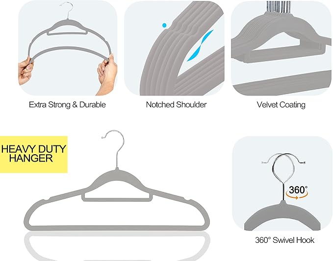 Premium Velvet Hangers, [50 Pack] Non Slip and Heavy Duty Velvet Suit Hangers (45cm) with Tie Bar, 360° Swivel Hooks, Sturdy to Hold Jumper, Pullovers, Jackets & Hoodies (50 Pack, Grey)