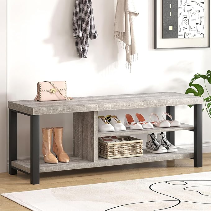 FOLUBAN Storage Bench, Vintage Wood Shoe Bench for Entryway Hallway, Industrial Indoor Shoe Rack Seat for Bedroom, Living Room, Light Grey, 43.3 Inch