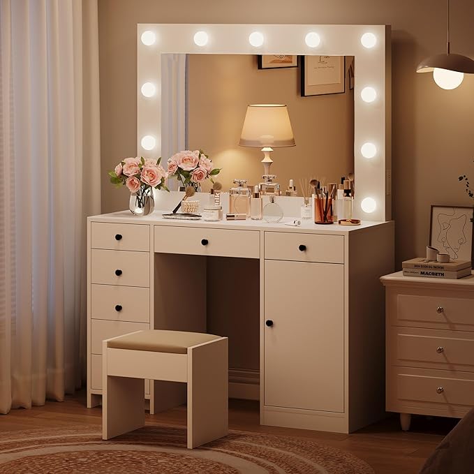 Garvee White Vanity Desk with Mirror and Light, Makeup Vanity Table with Charging Station, 7 Storage Drawers, 1 Cabinet, 3 Color Lighting Modes, Modern Wooden Dressing Table for Bedroom