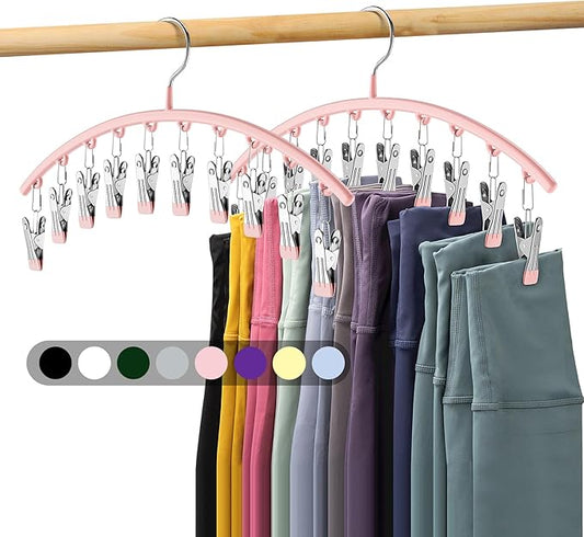 Legging Organizer for Closet, Metal Yoga Pants Hangers 2 Pack w/10 Clips Holds 20 Leggings, Space Saving Hanging Closet Organizer w/Rubber Coated Closet Organizers and Storage, Pink