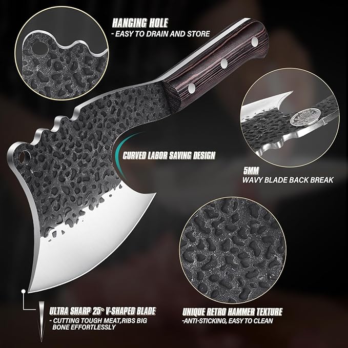 Dream Reach Meat Cleaver Heavy Duty Bone Chopper High Carbon Bone Cutting Knife Hand Forged Butcher Knife with Cover for Kitchen Outdoor BBQ