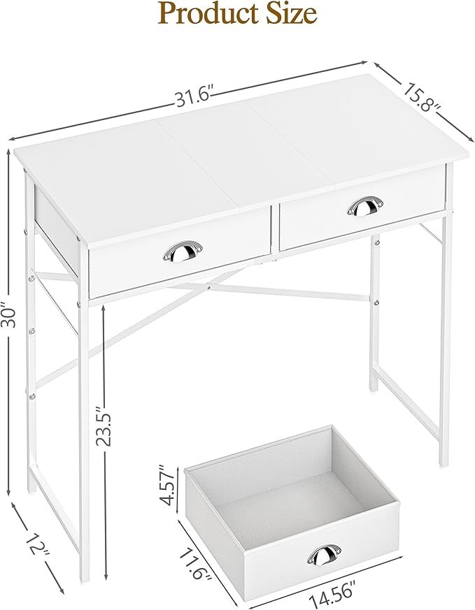 Small Vanity Desk No Mirror for Kids Bedroom, 31.5 Inch Vanity Table with Drawers, Makeup Vanity Desk for Narrow Spaces, White Dreessing Table(No Mirror)