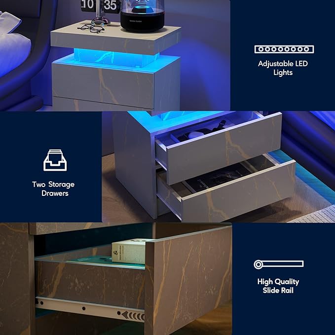 LED Nightstands Set of 2, Modern End Side Table with 2 Drawers, LED Bedroom Furniture for Bedroom and Living Room, Grey Marble Pattern
