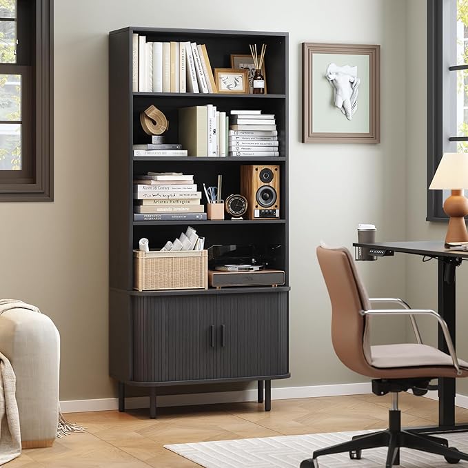 71" Tall Bookshelf, 4-Tier Bookcase with Storage Cabinet & Adjustable Shelves, Floor Standing Wooden Bookshelf with Sliding Door and Adjustable Footpad, for Home Office, Living Room, Black