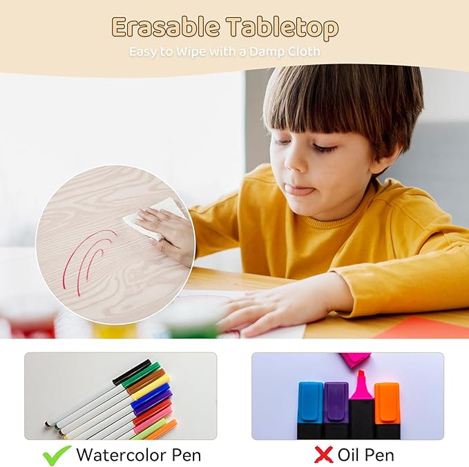 Kids Table and 4 Chairs Set, Height-Adjustable Toddler Table and Chairs with Graffiti Desktop, 31.5''L x 23.6''W Children Activity Table for Daycare, Classroom, Home