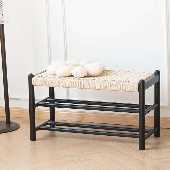 Solid Wood Entryway Bench with Shoe Storage, Rustic Oak Wood and Woven Design 31.5 Inch Long Seating for Living and Dining Rooms, 3-Tier Black