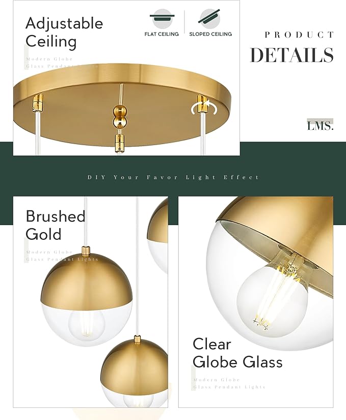 LMS Brushed Gold 3-Light Cluster Pendant Lights, Modern Kitchen Island Lighting with Clear Globe Glass Shade, Adjustable Hanging Cord Ceiling Light for Home Office Bathroom Dining Room, LMS-186BGC3