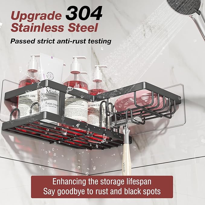 Adhesive Corner Shower Caddy with Soap Holder - Rustproof, No Drilling Shelves Wall Mounted, Organizer for Bathroom, Kitchen & Home Decor. Black, 4-Pack