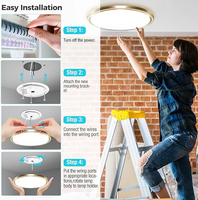 zemty LED Ceiling Light Fixture, 6.5-Inch 12W 1200lm Small Flush Mount Light, Adjustable 3000K 4000K 6500K Color Temperatures, Round Flat Recessed Lamp for Kitchen Closet Hallway Laundry, Gold