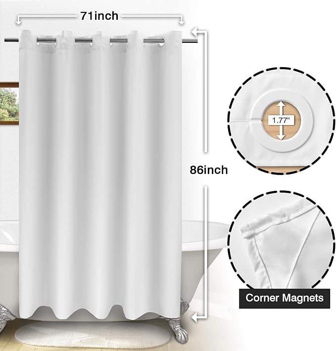 Extra Long No Hook Shower Curtain TPU Lining & No Required Liner, 71" x 86"(84") Hotel Fabric Shower Curtain for Bathroom, Bottom Magnets & Waterproof, White, 71x86