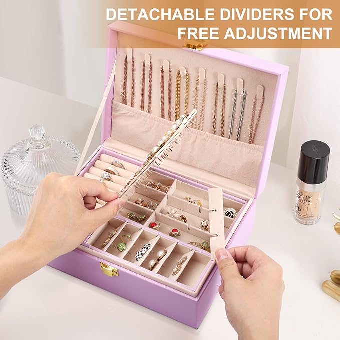 Jewelry Box for Girls Women Leather Jewelry Organizer with Lock Double Layers Jewelry Storage Case Removable Tray for Necklace Earring Ring with Polishing Cloth and Jewelry Bags, Home Decor Gifts