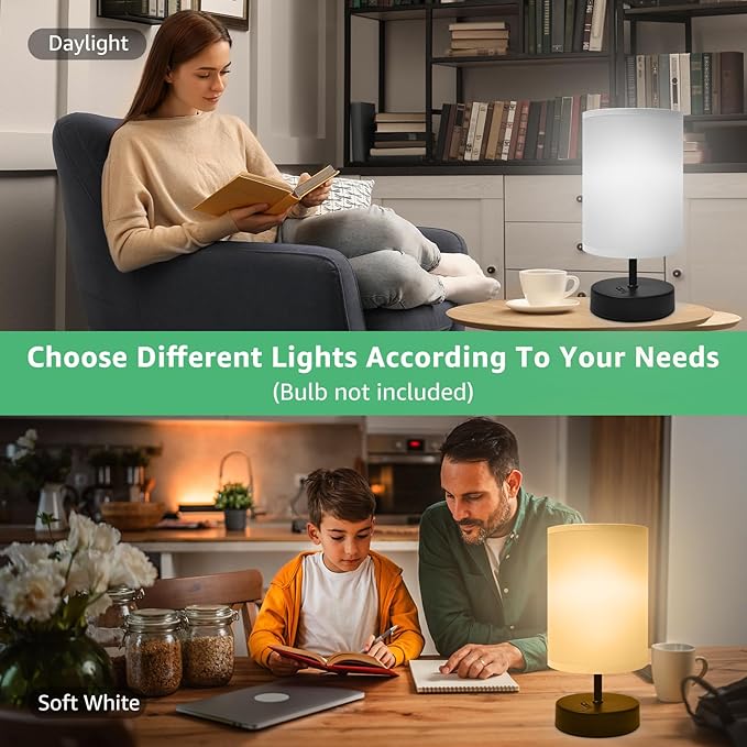 Small Bedside Lamp - Minimalist Table Lamp with Round Gray Fabric Shade - 9 Inch Desk Reading Lamp for Bedroom, Dorm, Living Room, Office - 1 Pack