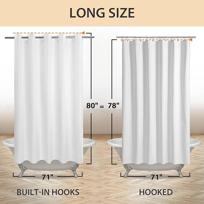 No Hook Long Shower Curtain or Liner Soft Microfiber - 78" Length Fabric Shower Curtain Liner Set, Machine Washable & Water Repellent, White, 71x80