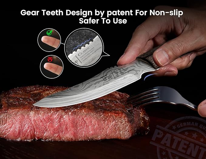 Steak Knives Set of 6, 4.8 Inch High-Carbon Japanese Stainless Steel Non-serrated Steak Knife with Wood Handle, Damascus Pattern Full Tang Design, Razor-Sharp Dinner Knives with Gift Box