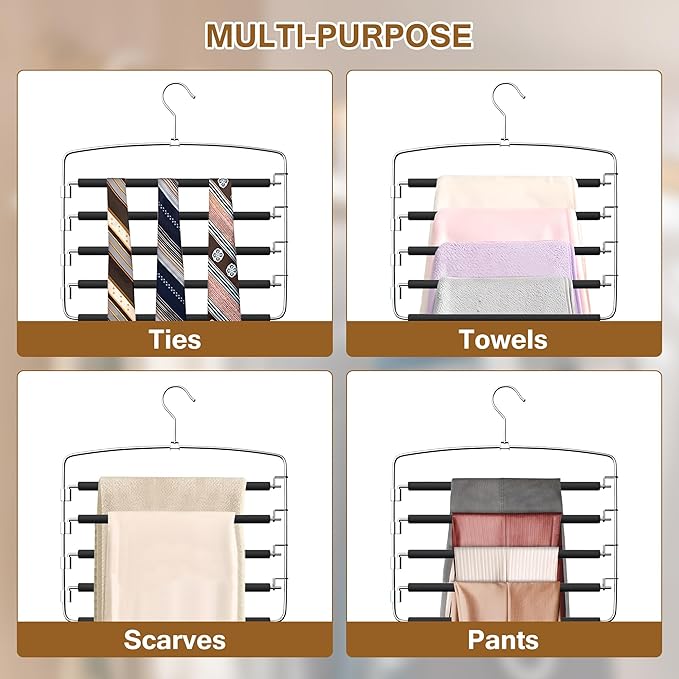 Pants Hangers, 6 Pack Anti-Slip Space Saving Hangers, 5 Layer Swing Arm Pants Hanger Stainless Steel with Non-Slip Padding, Closet Organizers & Storage for Pants Trousers Jeans Scarf
