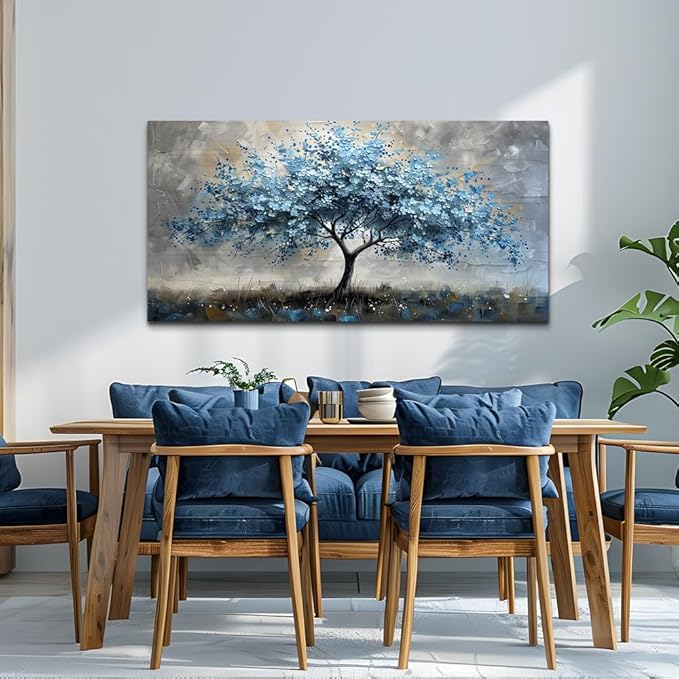 MHARTK66 Farmhouse Wall Art For Living Room Canvas Wall Decor For Bedroom Blue Tree Landscape Wall Pictures Artwork Large Stretched and Framed Canvas Paintings Ready to Hang for Office Home Decor