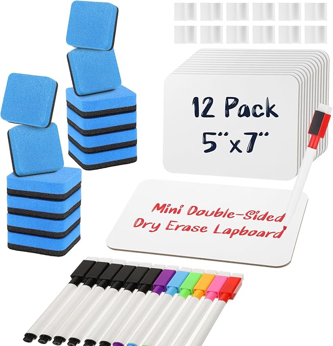Small White Board 12 Pack Dry Erase Boards 9''x 12'' LapBoards with 12 Erasers & Markers Mini White Board Double Sided Portable Whiteboards for Students Teachers Office School Supplies Lapboards