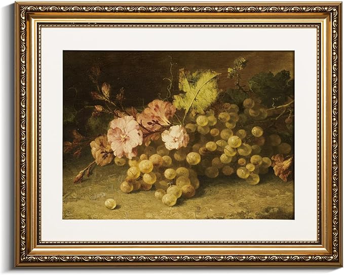 VIYYIEA Gold Framed Wall Art Canvas Print Home Decor Fruit Vintage Oil Painting Prints Modern Flowers Grapes Pictures Decor Still Life Wall Decor Artworks for Kitchen Farmhouse Office Bathroom 13x16in