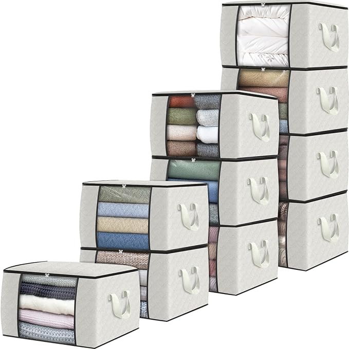 Fab totes 10 Pack Clothes Storage, Foldable Thick Fabric Blanket Storage Bags, Containers for Organizing Bedroom, Closet, Clothing, Comforter,Organization with Handle,Ivory White