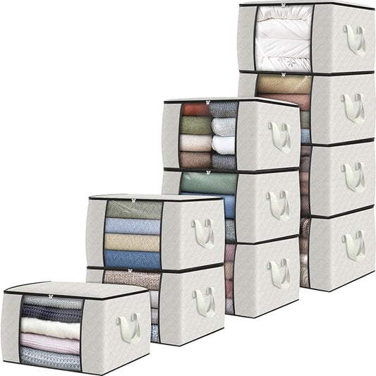 Fab totes 10 Pack Clothes Storage, Foldable Thick Fabric Blanket Storage Bags, Containers for Organizing Bedroom, Closet, Clothing, Comforter,Organization with Handle,Ivory White