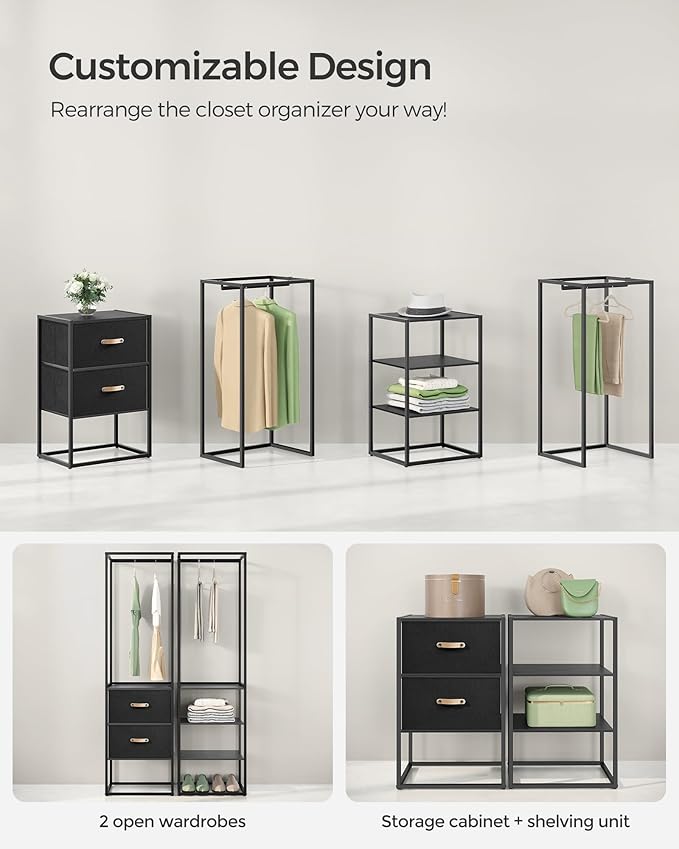 SONGMICS Clothes Rack, 70.9 Inch Wardrobe Freestanding Closet, Heavy Duty Garment Rack with 1 Extendable Hanging Rod, 2 Drawers and 4 Shelves, for Bedroom, Space-Saving, Ebony Black URGR003B56