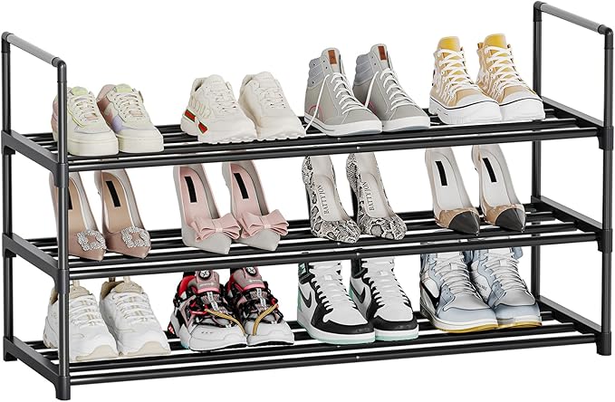 Metal Shoe Rack, 3-Tier Shoe Organizer with Adjustable Shelf Height, Sturdy Shoe Storage Shelf, Perfect for Front Door Entrance, Closet & Entryway, Easy to Assemble, DIY Layering Options (S - 3 Tier)
