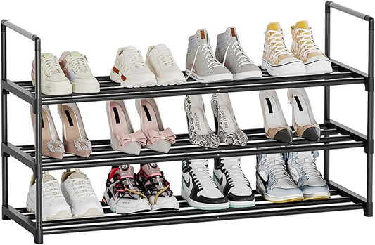 Metal Shoe Rack, 3-Tier Shoe Organizer with Adjustable Shelf Height, Sturdy Shoe Storage Shelf, Perfect for Front Door Entrance, Closet & Entryway, Easy to Assemble, DIY Layering Options (S - 3 Tier)