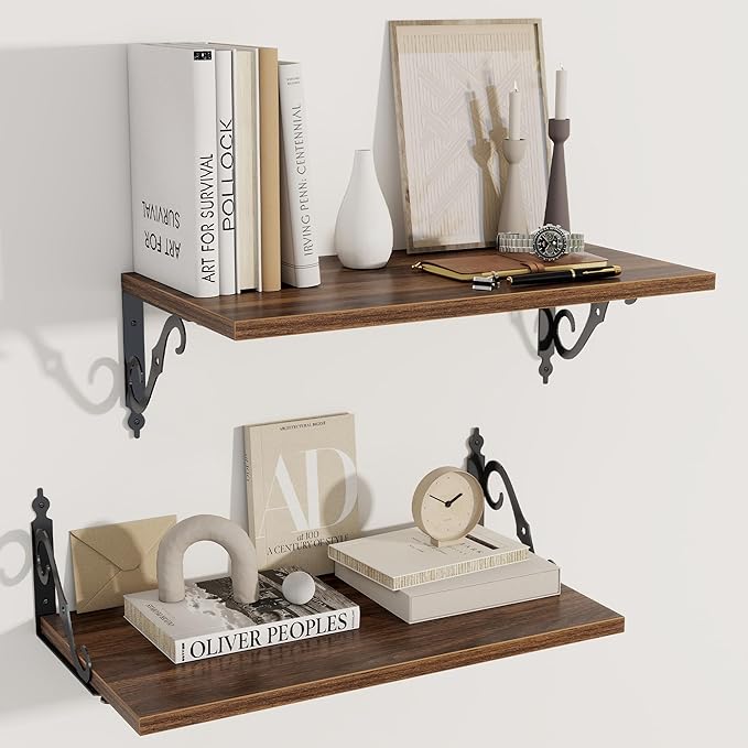 Deep Floating Shelves, 24" W x 12" D Wall Shelves Set of 2, Wide Display Shelf Wall Mounted with Brackets, Bookshelf for Living Room, Bathroom, Bedroom, Walnut